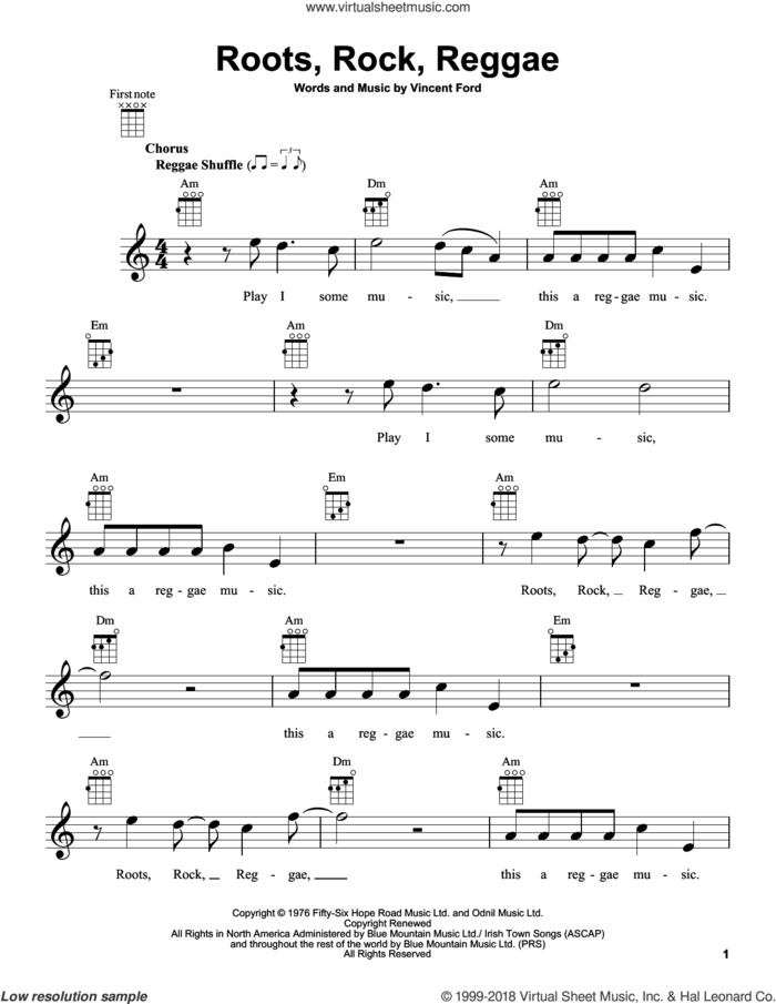 Roots, Rock, Reggae sheet music for ukulele by Bob Marley and Vincent Ford, intermediate skill level