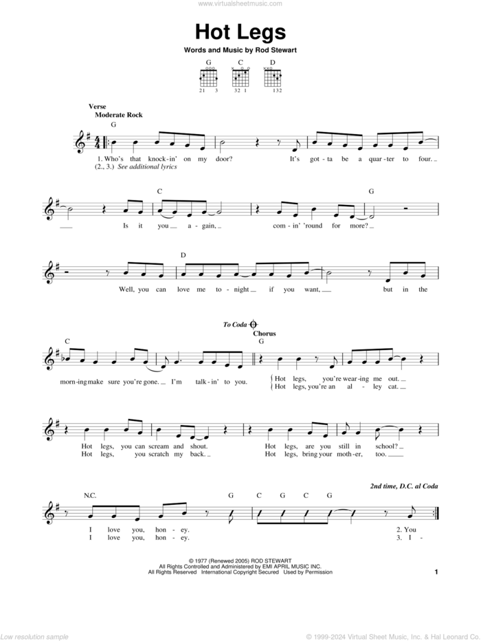 Hot Legs sheet music for guitar solo (chords) by Rod Stewart, easy guitar (chords)