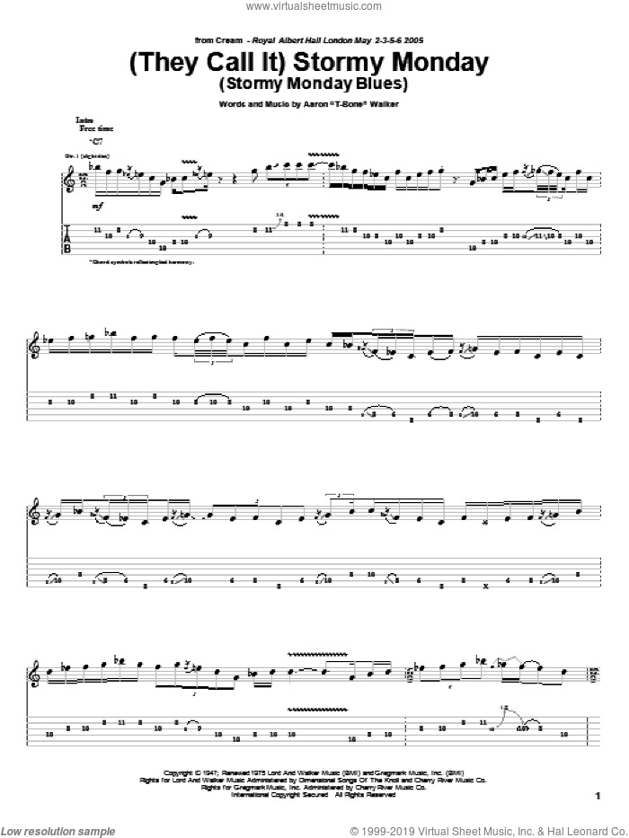 (They Call It) Stormy Monday (Stormy Monday Blues) sheet music for guitar (tablature) by Cream and Aaron 'T-Bone' Walker, intermediate skill level