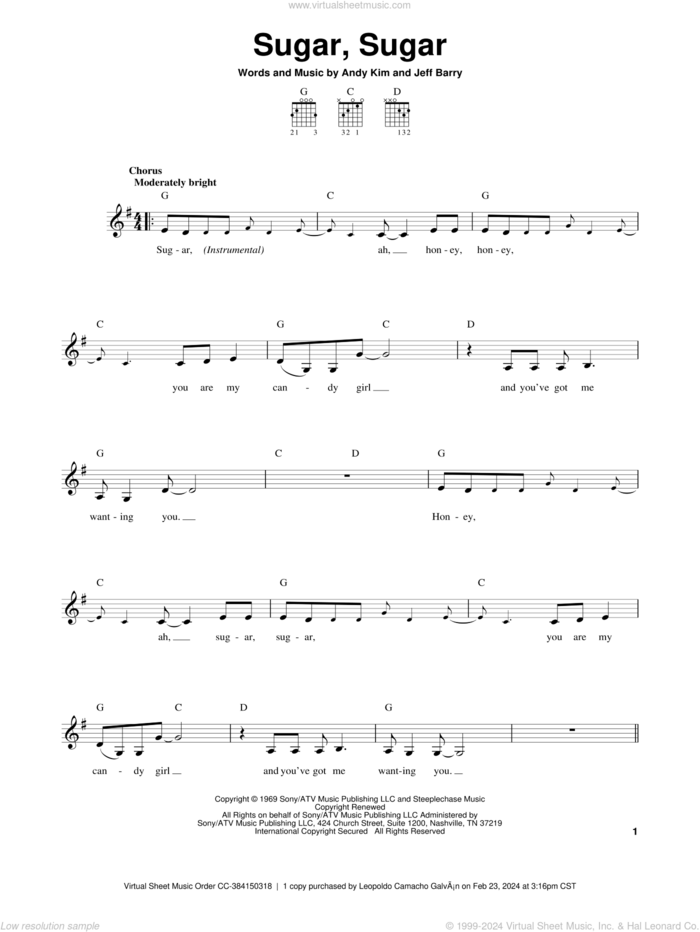 Sugar, Sugar sheet music for guitar solo (chords) by Wilson Pickett, The Archies, Andy Kim and Jeff Barry, easy guitar (chords)