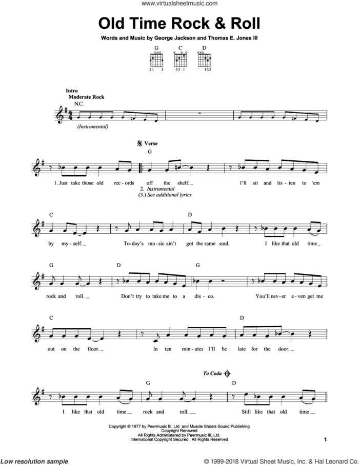Old Time Rock and Roll sheet music for guitar solo (chords) by Bob Seger, George Jackson and Tom Jones, easy guitar (chords)