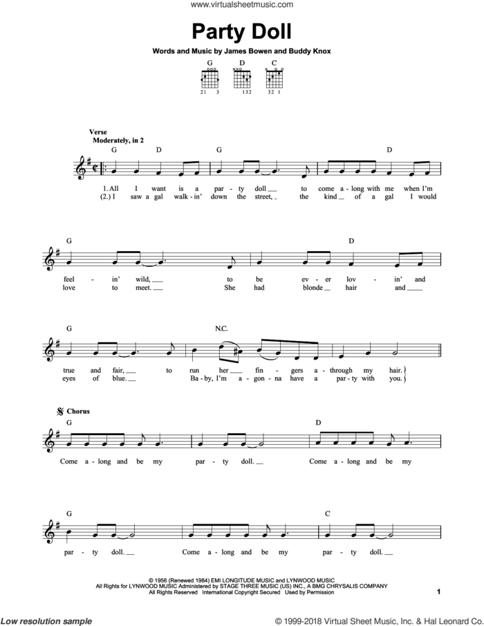 Party Doll sheet music for guitar solo (chords) by Buddy Knox and James Bowen, easy guitar (chords)