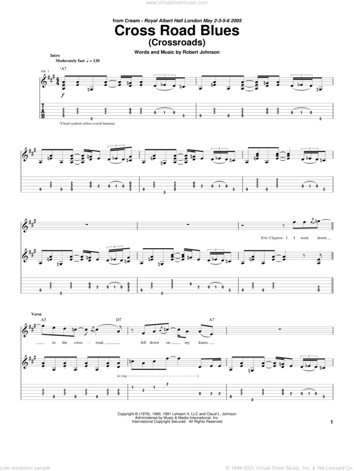 Cross Road Blues (Crossroads) sheet music for guitar (tablature) by Cream, Eric Clapton, Guitar Hero and Robert Johnson, intermediate skill level