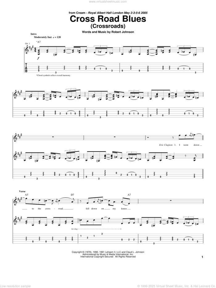 Cross Road Blues (Crossroads) sheet music for guitar (tablature) by Cream, Eric Clapton, Guitar Hero and Robert Johnson, intermediate skill level