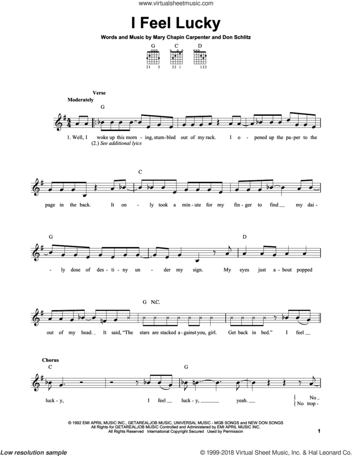 I Feel Lucky sheet music for guitar solo (chords) by Mary Chapin Carpenter and Don Schlitz, easy guitar (chords)