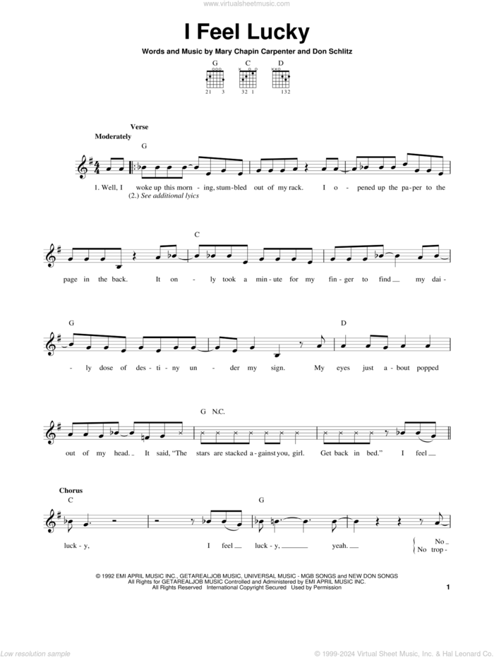 I Feel Lucky sheet music for guitar solo (chords) by Mary Chapin Carpenter and Don Schlitz, easy guitar (chords)