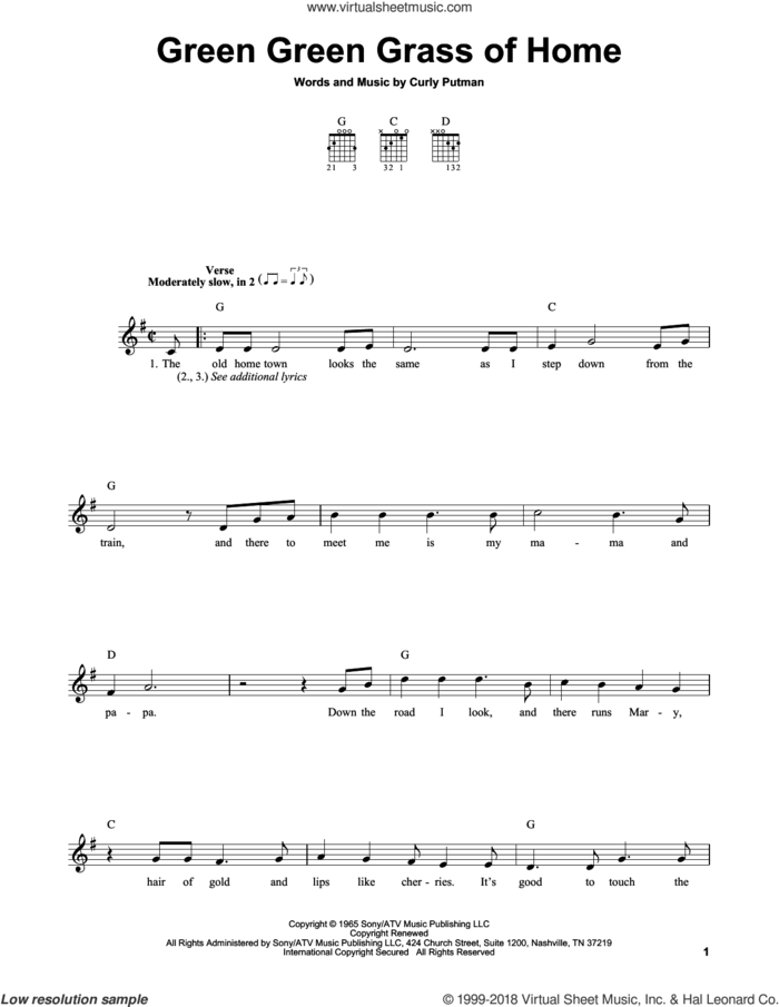 Green Green Grass Of Home sheet music for guitar solo (chords) by Porter Wagoner, Elvis Presley, Tom Jones and Curly Putman, easy guitar (chords)