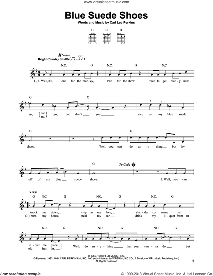 Blue Suede Shoes sheet music for guitar solo (chords) by Elvis Presley and Carl Perkins, easy guitar (chords)