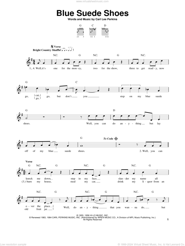 Blue Suede Shoes sheet music for guitar solo (chords) by Elvis Presley and Carl Perkins, easy guitar (chords)