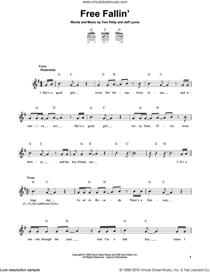 Free Fallin' sheet music for guitar solo (chords) by Tom Petty, John Mayer and Jeff Lynne, easy guitar (chords)