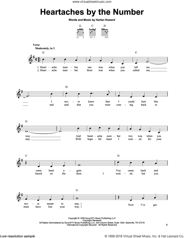 Heartaches By The Number sheet music for guitar solo (chords) by Ray Price, Guy Mitchell and Harlan Howard, easy guitar (chords)