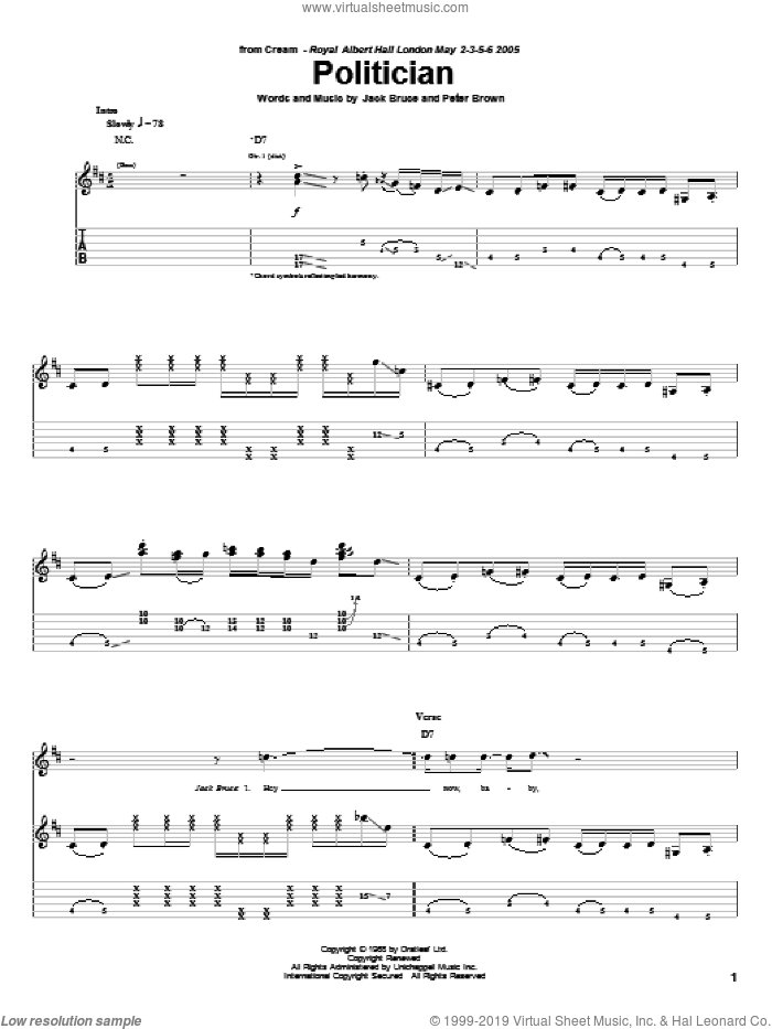 Politician sheet music for guitar (tablature) by Cream, Jack Bruce and Pete Brown, intermediate skill level