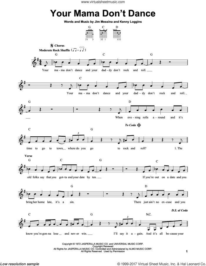 Your Mama Don't Dance sheet music for guitar solo (chords) by Loggins And Messina, Poison, Jim Messina and Kenny Loggins, easy guitar (chords)