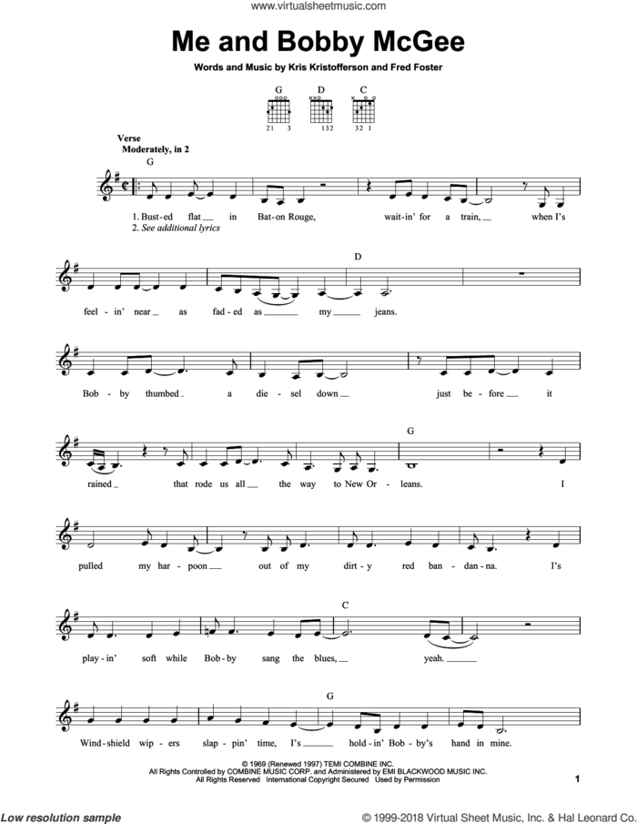 Me And Bobby McGee sheet music for guitar solo (chords) by Kris Kristofferson, Janis Joplin, Roger Miller and Fred Foster, easy guitar (chords)