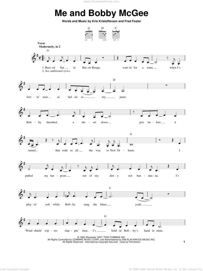 Me And Bobby McGee sheet music for guitar solo (chords) by Kris Kristofferson, Janis Joplin, Roger Miller and Fred Foster, easy guitar (chords)