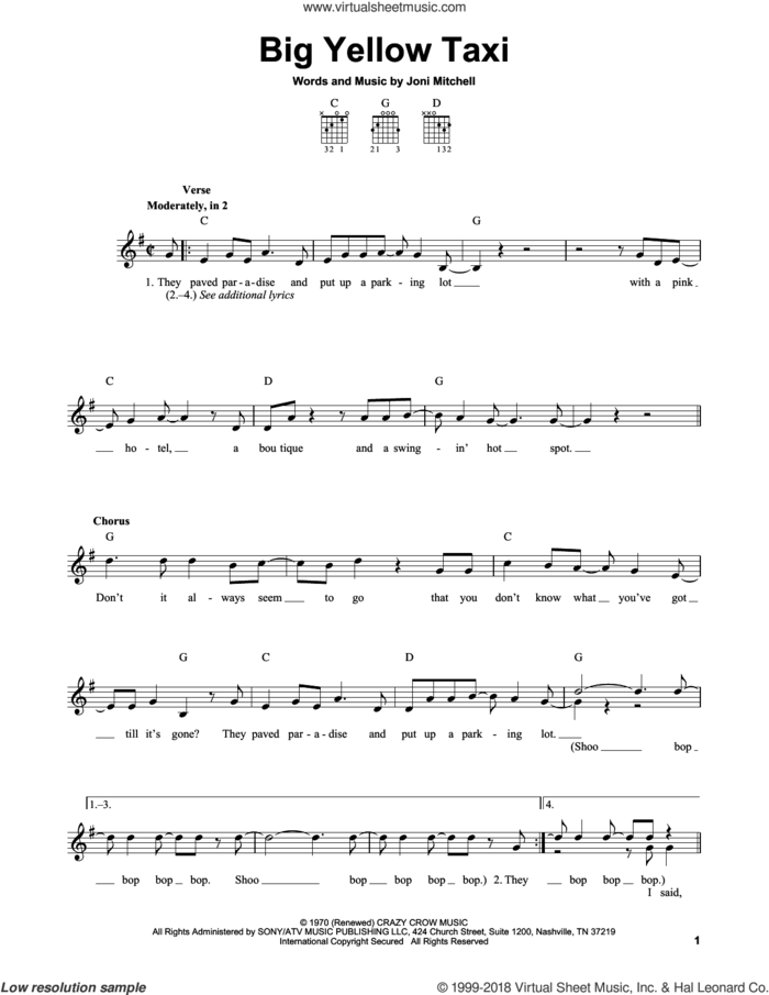 Big Yellow Taxi sheet music for guitar solo (chords) by Joni Mitchell, Amy Grant and Counting Crows featuring Vanessa Carlton, easy guitar (chords)