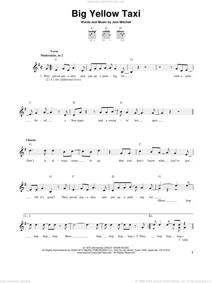 Big Yellow Taxi sheet music for guitar solo (chords) by Joni Mitchell, Amy Grant and Counting Crows featuring Vanessa Carlton, easy guitar (chords)