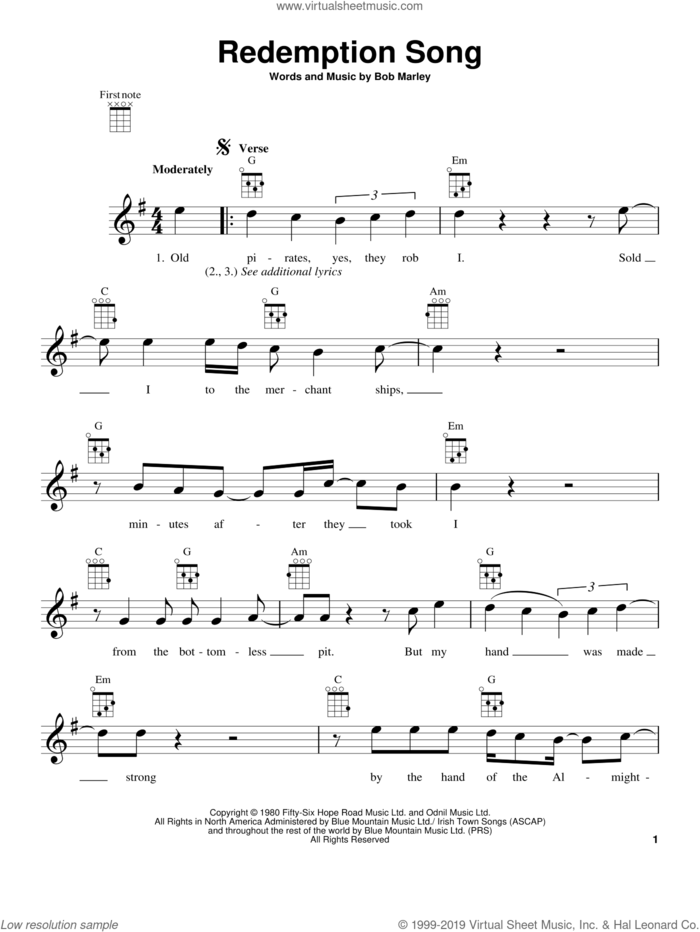 Redemption Song sheet music for ukulele by Bob Marley, intermediate skill level