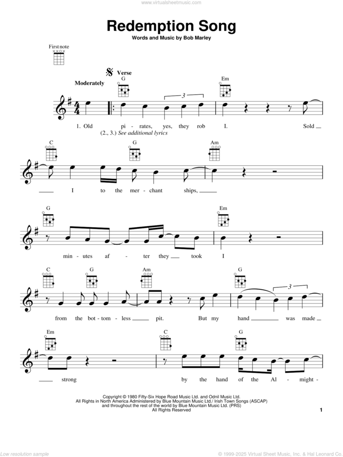 Redemption Song sheet music for ukulele by Bob Marley, intermediate skill level