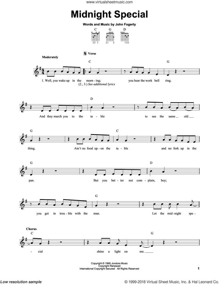 Midnight Special sheet music for guitar solo (chords) by Creedence Clearwater Revival and John Fogerty, easy guitar (chords)