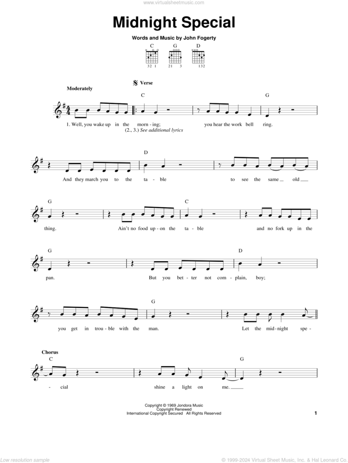 Midnight Special sheet music for guitar solo (chords) by Creedence Clearwater Revival and John Fogerty, easy guitar (chords)