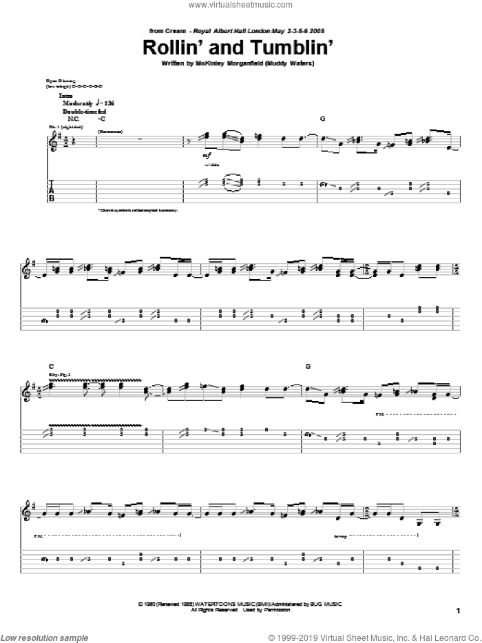 Rollin' And Tumblin' sheet music for guitar (tablature) by Cream, Eric Clapton and Muddy Waters, intermediate skill level
