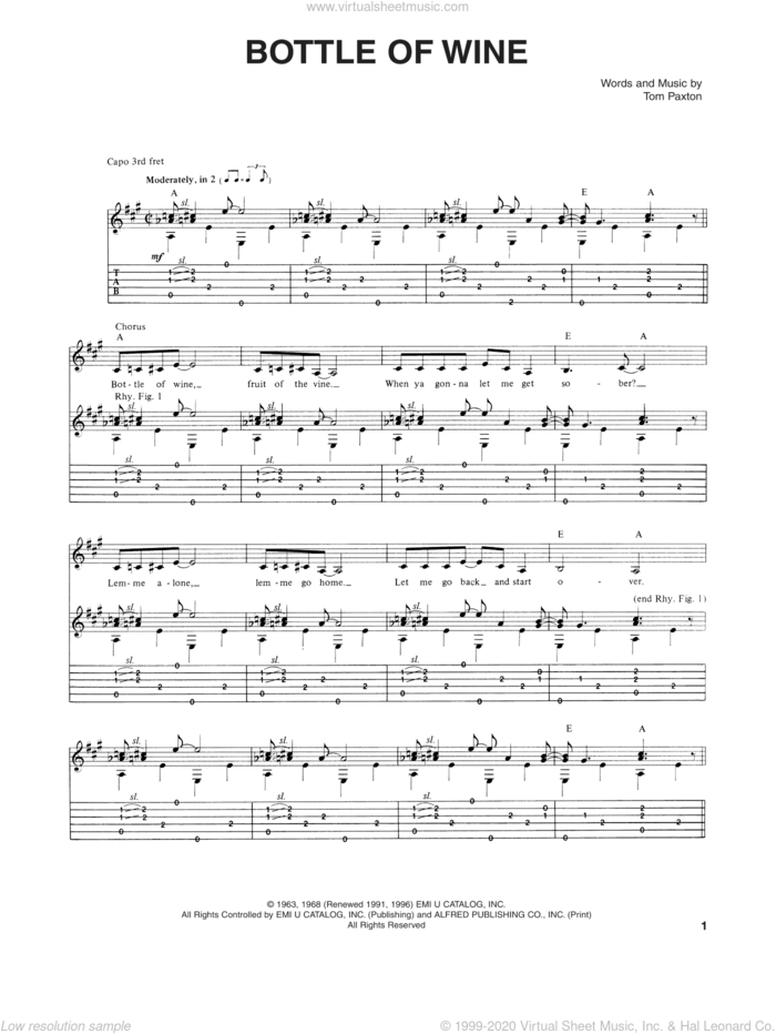 Bottle Of Wine sheet music for guitar (tablature) by Tom Paxton, intermediate skill level