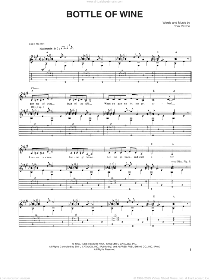 Bottle Of Wine sheet music for guitar (tablature) by Tom Paxton, intermediate skill level