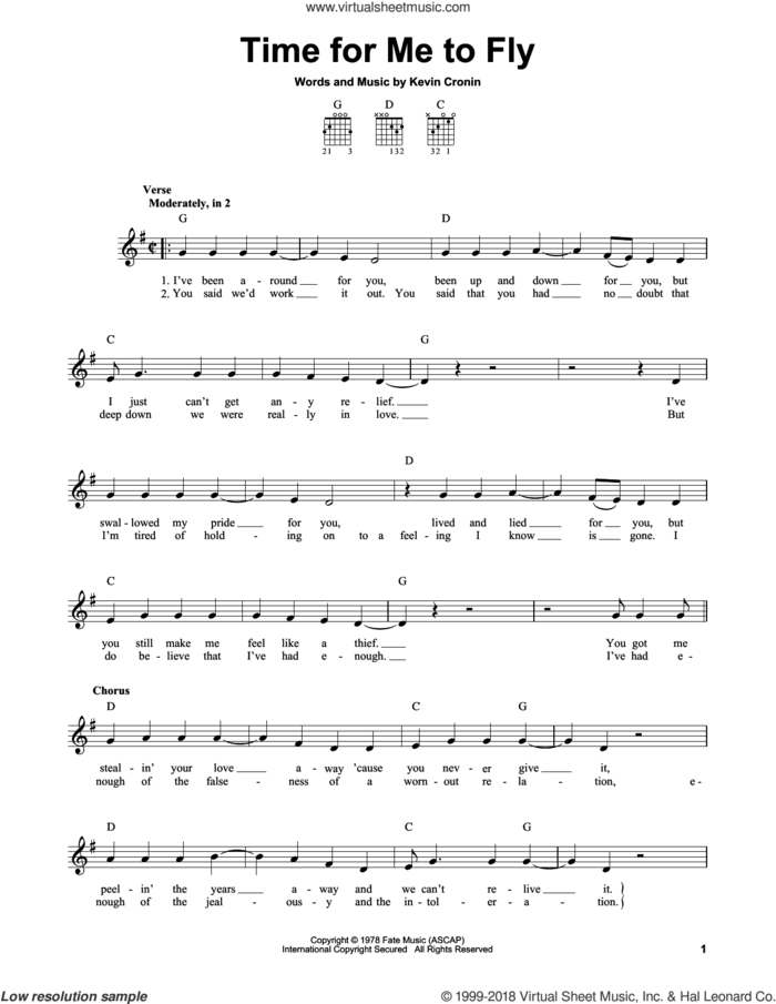 Time For Me To Fly sheet music for guitar solo (chords) by REO Speedwagon and Kevin Cronin, easy guitar (chords)