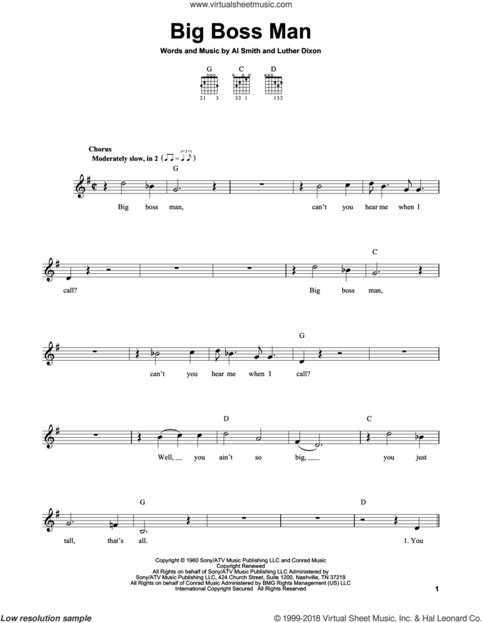 Big Boss Man sheet music for guitar solo (chords) by Elvis Presley, Al Smith and Luther Dixon, easy guitar (chords)