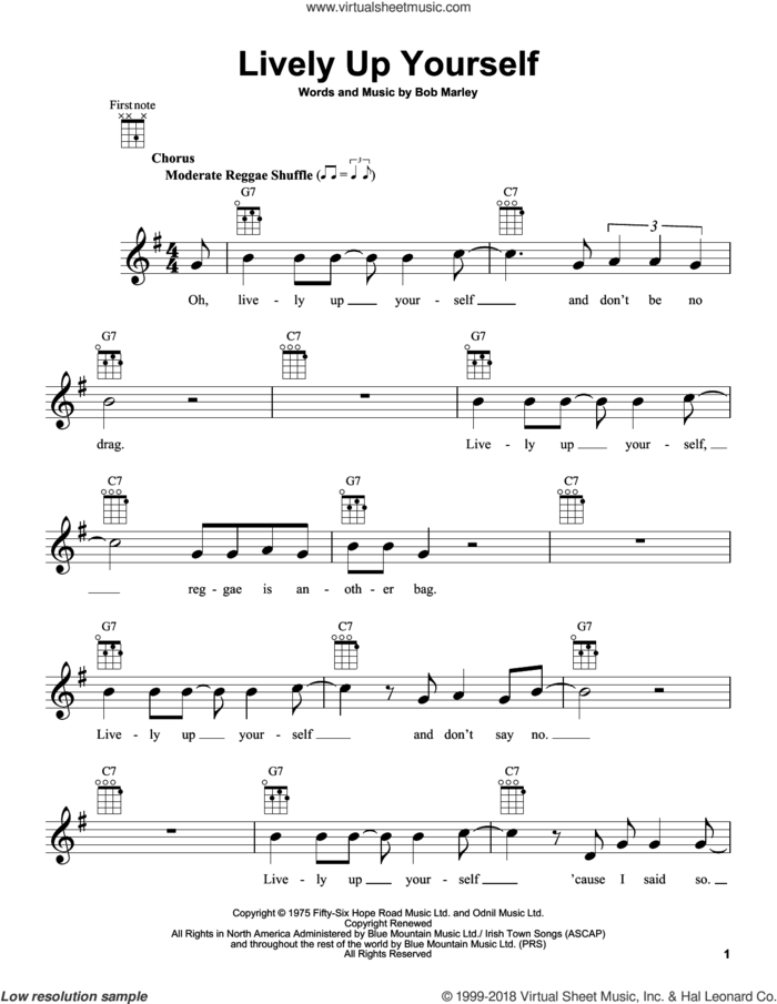 Lively Up Yourself sheet music for ukulele by Bob Marley, intermediate skill level