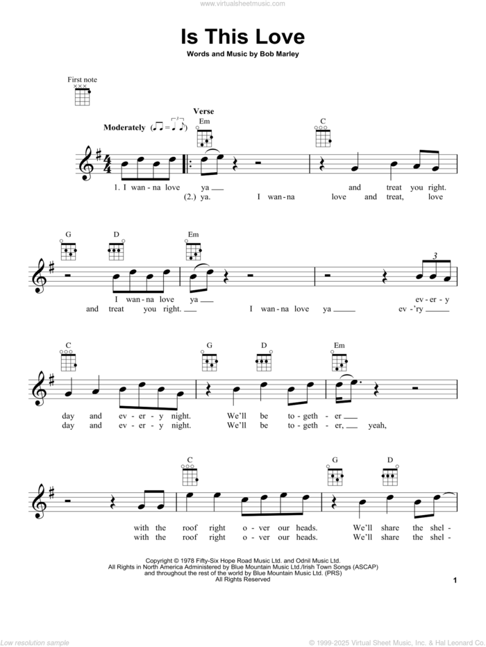 Is This Love sheet music for ukulele by Bob Marley, intermediate skill level