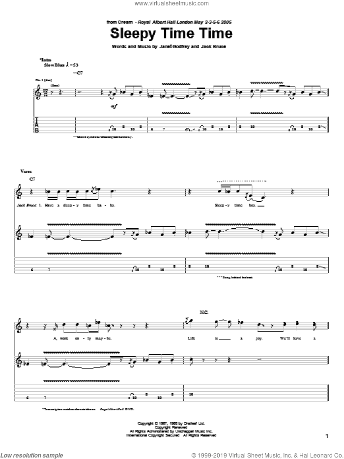 Sleepy Time Time sheet music for guitar (tablature) by Cream, Jack Bruce and Janet Godfrey, intermediate skill level