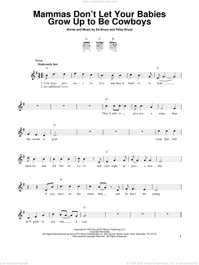 Mammas Don't Let Your Babies Grow Up To Be Cowboys sheet music for guitar solo (chords) by Ed Bruce, Gibson/Miller Band, Willie Nelson and Patsy Bruce, easy guitar (chords)