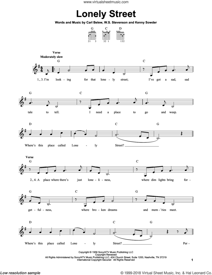 Lonely Street sheet music for guitar solo (chords) by Andy Williams, Carl Belew, Kenny Sowder and William Stevenson, easy guitar (chords)