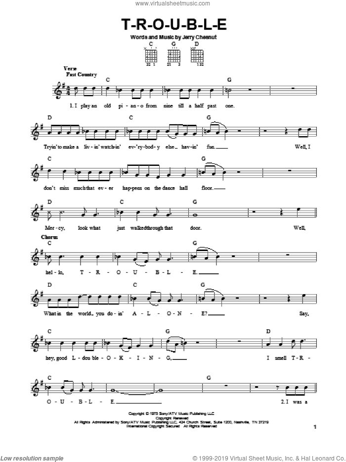 T-R-O-U-B-L-E sheet music for guitar solo (chords) by Elvis Presley, Travis Tritt and Jerry Chesnut, easy guitar (chords)