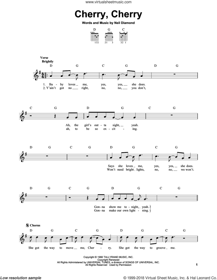 Cherry, Cherry sheet music for guitar solo (chords) by Neil Diamond, easy guitar (chords)