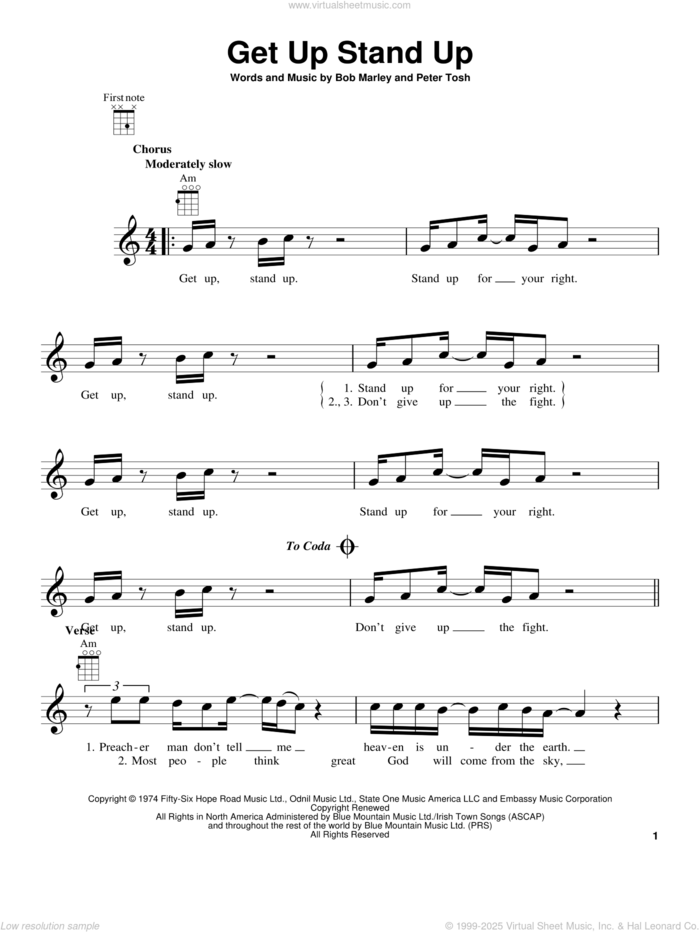 Get Up Stand Up sheet music for ukulele by Bob Marley and Peter Tosh, intermediate skill level