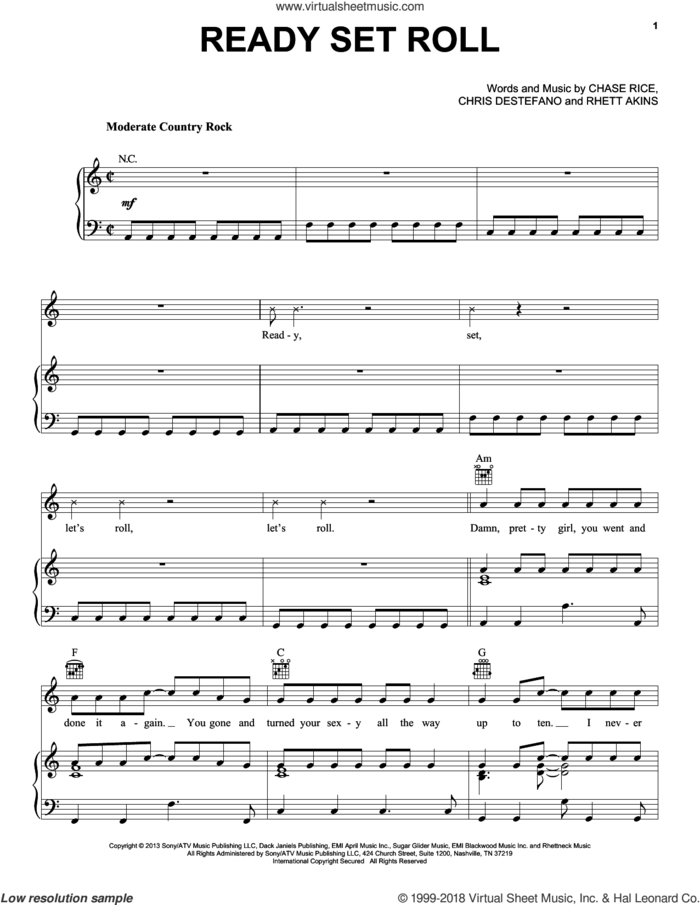 Ready Set Roll sheet music for voice, piano or guitar by Chase Rice, Chris Destefano and Rhett Akins, intermediate skill level