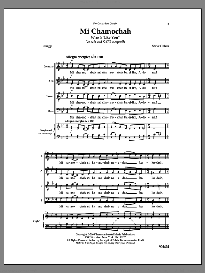 Mi Chamochah sheet music for choir (SATB: soprano, alto, tenor, bass) by Steve Cohen, intermediate skill level