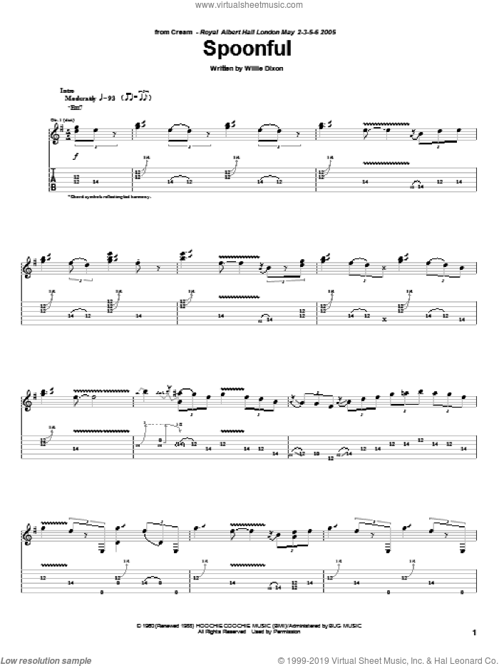 Spoonful sheet music for guitar (tablature) by Cream, Eric Clapton and Willie Dixon, intermediate skill level