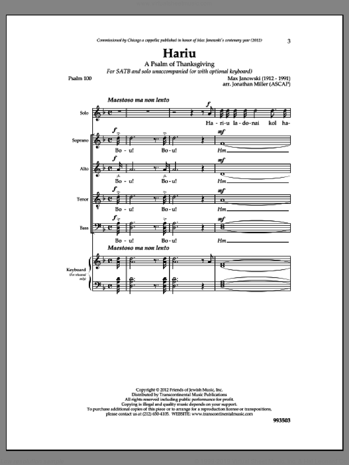 Hariu sheet music for choir (SATB: soprano, alto, tenor, bass) by Max Janowski and Jonathan Miller, intermediate skill level