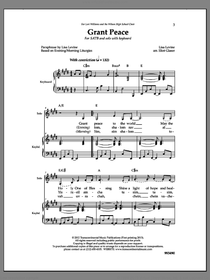 Grant Peace sheet music for choir (SATB: soprano, alto, tenor, bass) by Lisa Levine, intermediate skill level