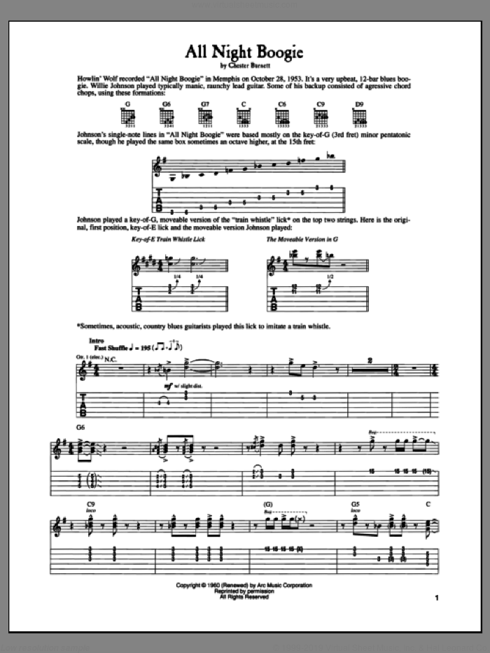 All Night Boogie sheet music for guitar (tablature) by Howlin' Wolf and Chester Burnett, intermediate skill level