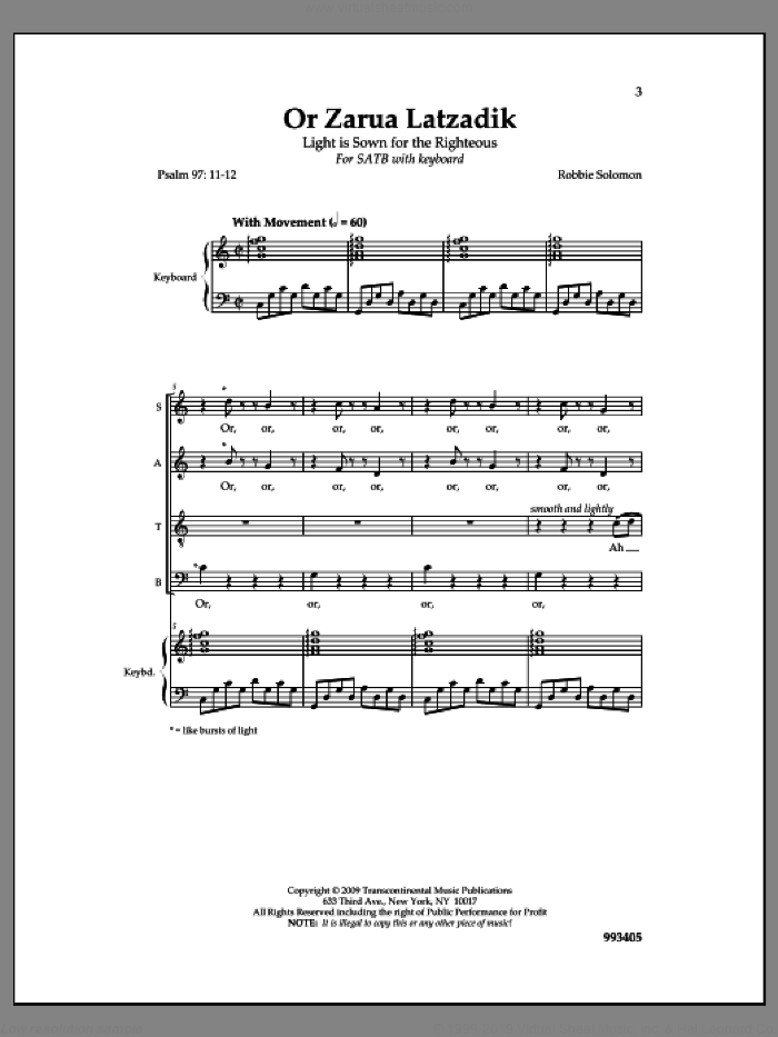Or Zarua sheet music for choir (SATB: soprano, alto, tenor, bass) by Robbie Solomon, intermediate skill level
