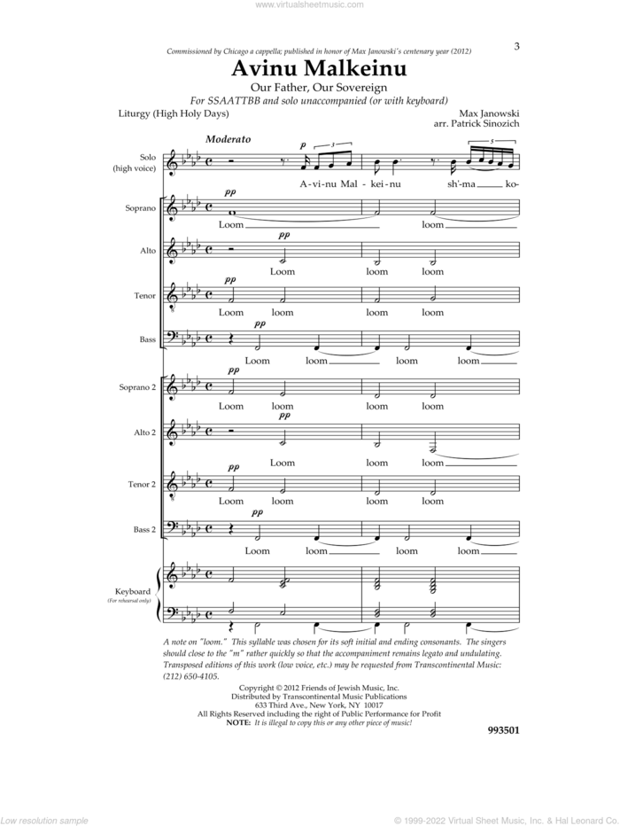 Avinu Malkeinu sheet music for choir (SSAATTBB) by Max Janowski and Patrick Sinozich, intermediate skill level