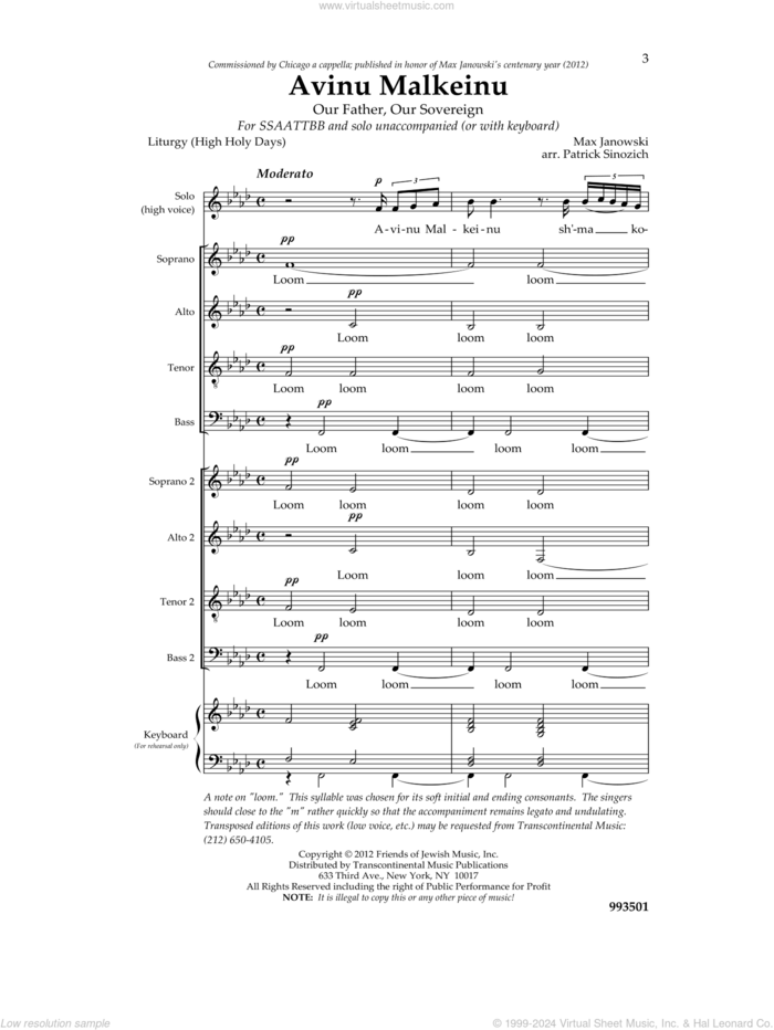 Avinu Malkeinu sheet music for choir (SSAATTBB) by Max Janowski and Patrick Sinozich, intermediate skill level