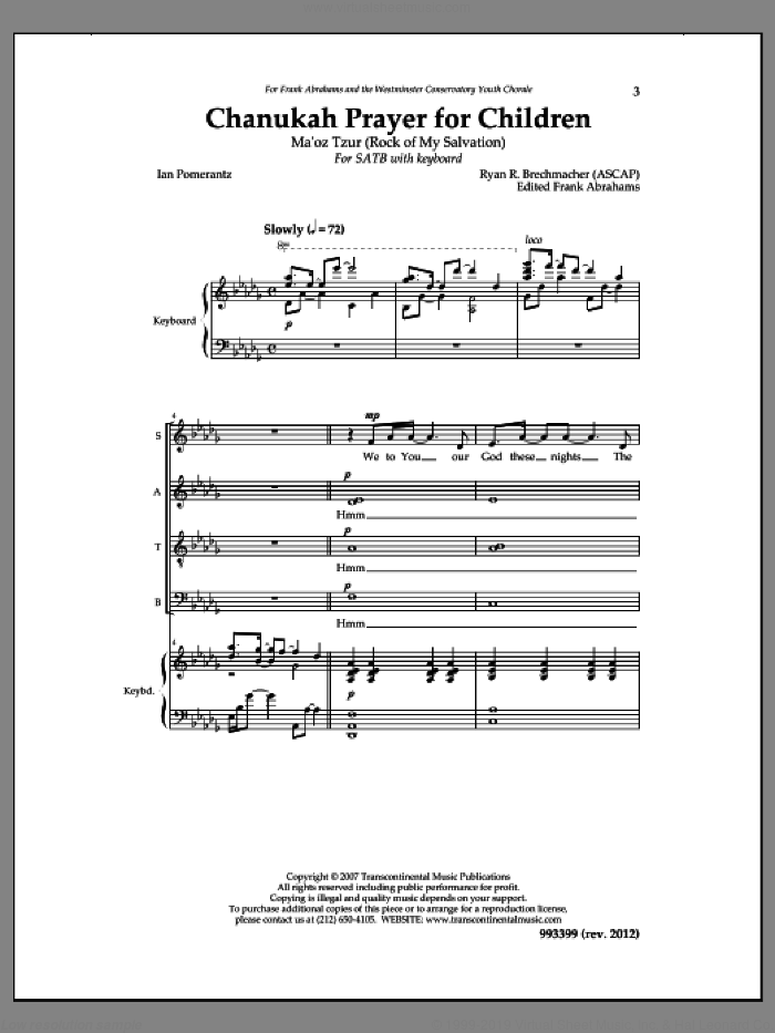 Chanukah Prayer for Children: Maoz Tzur (Rock of Ages) sheet music for choir (SATB: soprano, alto, tenor, bass) by Ryan Brechmacher and Ian Pomerantz, intermediate skill level