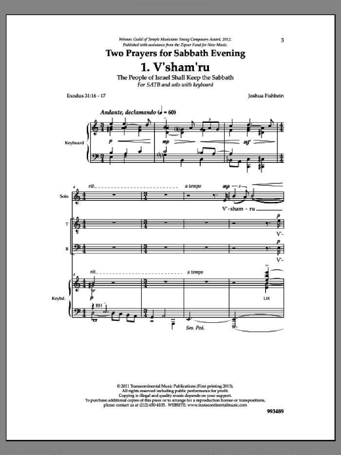 Two Prayers for Sabbath Evening sheet music for choir (SATB: soprano, alto, tenor, bass) by Joshua Fishbein, intermediate skill level