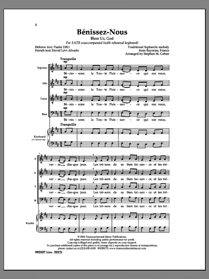 Benissez-Nous sheet music for choir (SATB: soprano, alto, tenor, bass) by Stephen M. Cohen, intermediate skill level